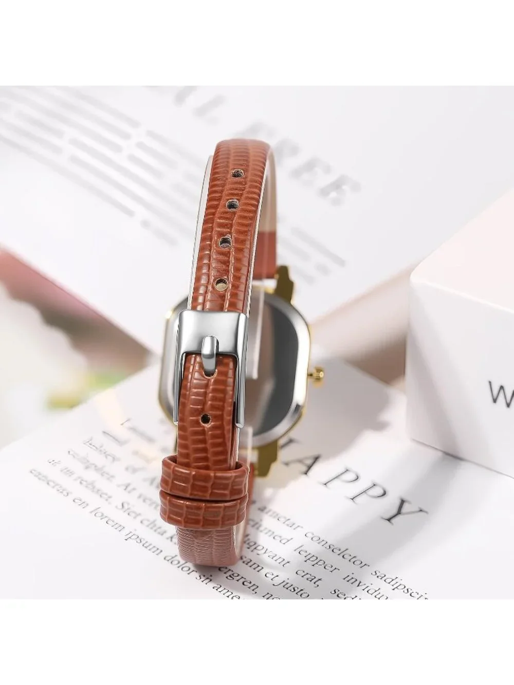 Women's Brown Blue Ultra-Thin Square Dial Adjustable PU Leather Strap Wristwatch